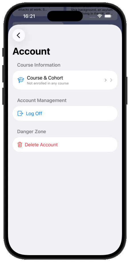 The account screen with Log Off and Delete Account options
