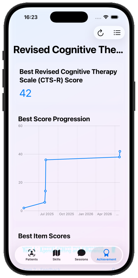 Achievement tab showing best score and a progression graph