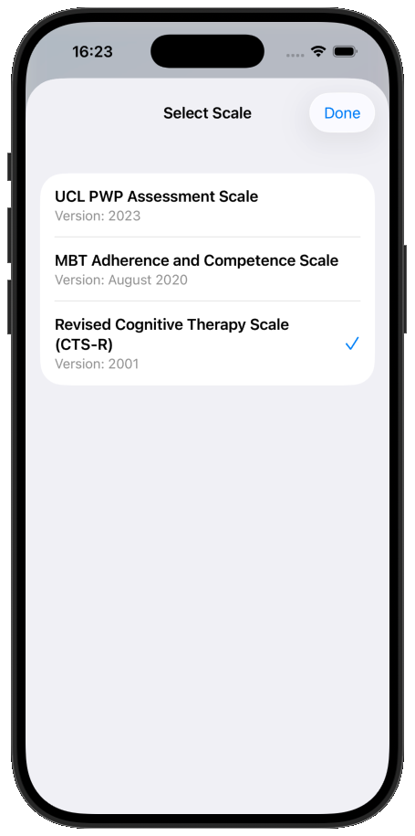 Scale switcher showing a list of competence scales