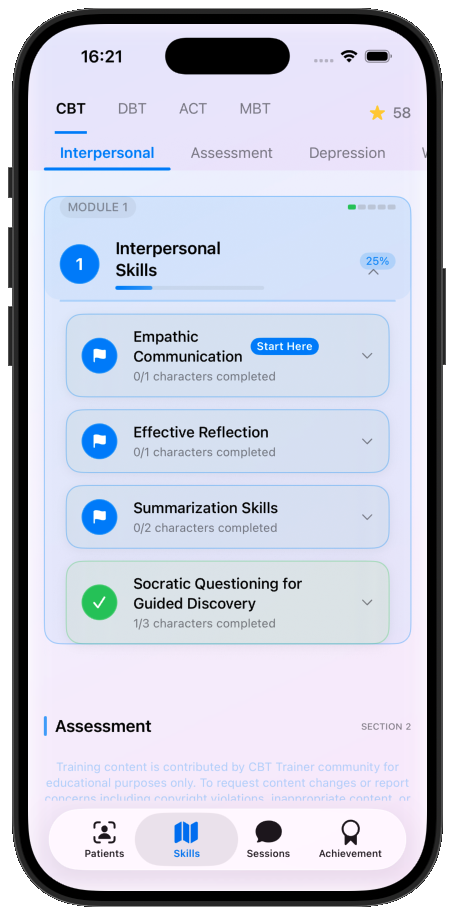 Skills map with modules and exercises